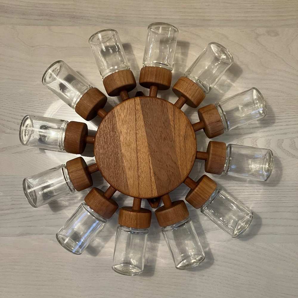 DIGSMED Danish Teak Spice Rack Wheel with 12 Glass Jars Midcentury Modern Kitche